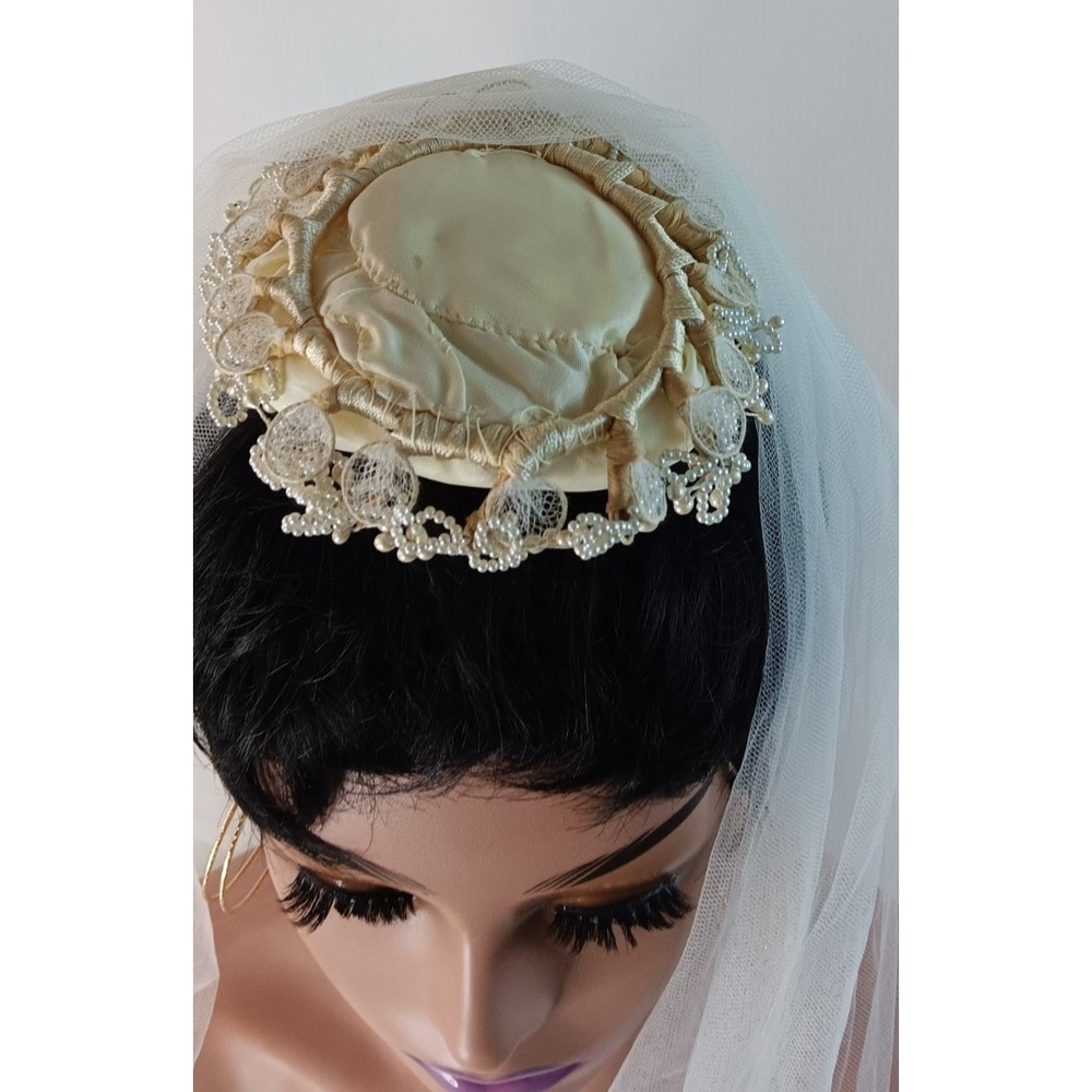 Vintage bridal wedding Tulle net beaded head piece layered long Veil 122.5" long - Picture 11 of 11